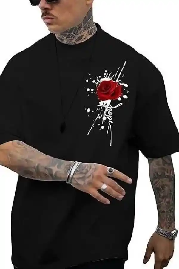 Erkek Kısa Kol Yazlık Tişört Bisiklet Yaka GÜL Baskılı T-Shirt - Siyah