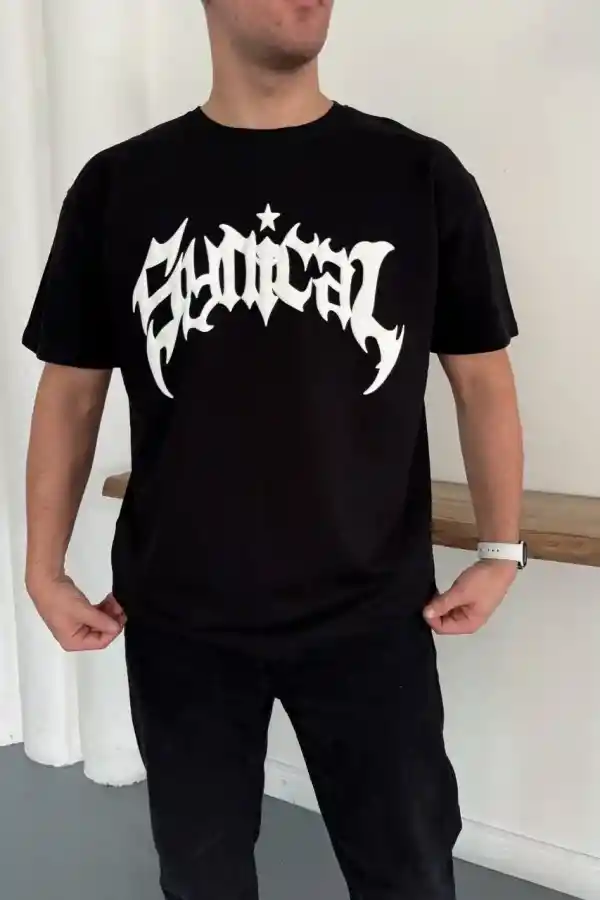Erkek Kısa Kol Yazlık Tişört Bisiklet Yaka Baskılı Oversize T-Shirt - Siyah