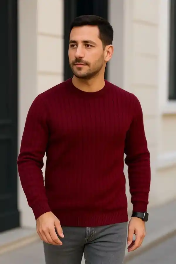Erkek Bisiklet Yaka Triko Kazak Pamuklu Kalın Fitilli Dokuma Regular Fit - Bordo