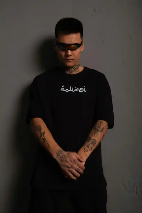 Erkek Kısa Kol Yazlık Tişört Bisiklet Yaka Baskılı Oversize T-Shirt - Siyah