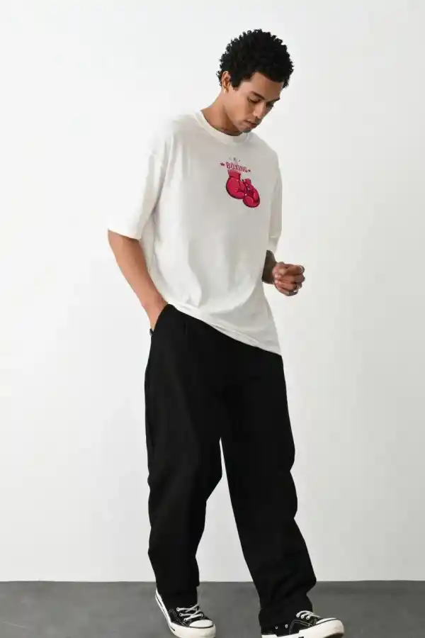Erkek Boks eldiven Baskılı T-Shirt Kısa Kol Bisiklet Yaka Regular Tişört - Beyaz