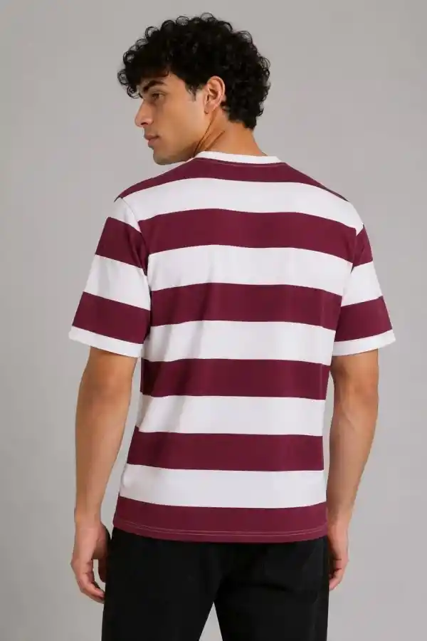 Erkek Çizgili Oversize Tişört Bisiklet Yaka Kısa Kol Yazlık T-Shirt - Bordo