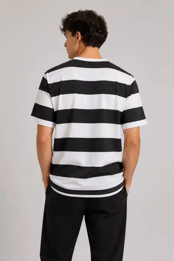 Erkek Çizgili Oversize Tişört Bisiklet Yaka Kısa Kol Yazlık T-Shirt - Siyah