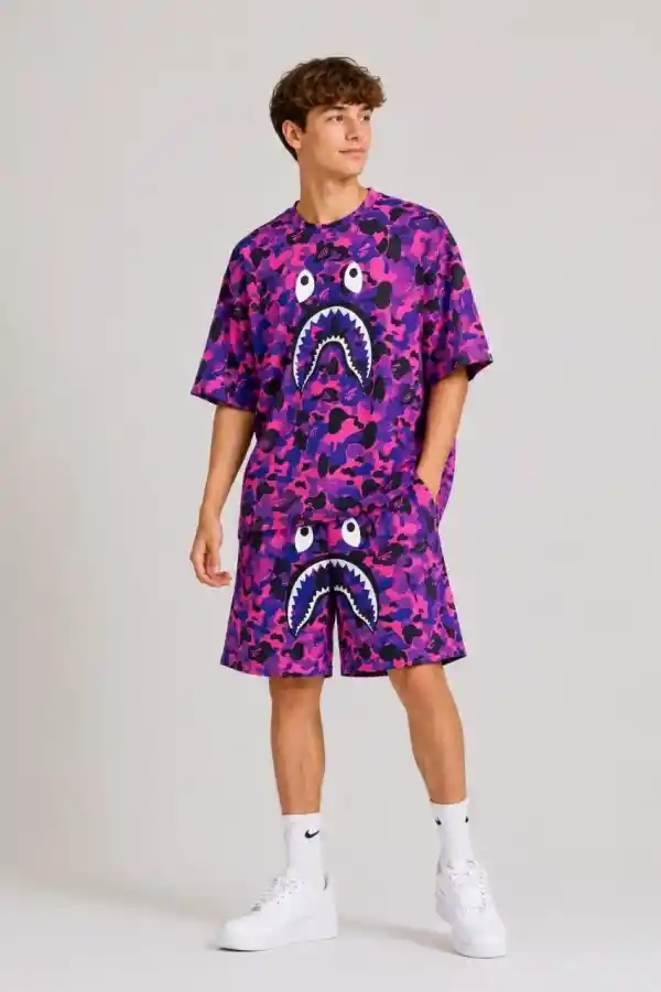 Erkek Çocuk Oversize Kalıp Pubg Bape X Shark Nakışlı Cepli Şort Takım - Mor