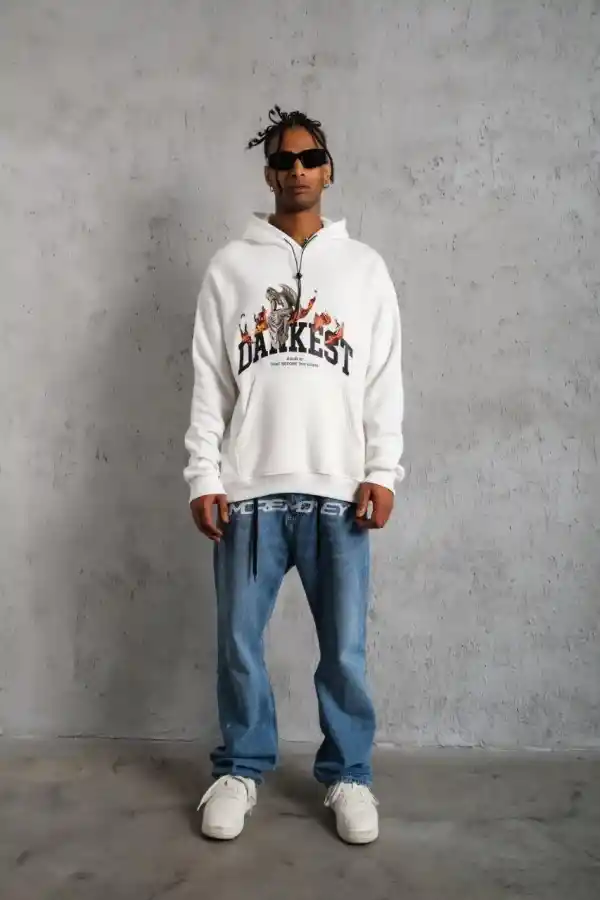 Erkek 3 İplik Pamuklu Kapüşonlu Baskılı Cepli Oversize Sweatshirt Hoodie - Beyaz