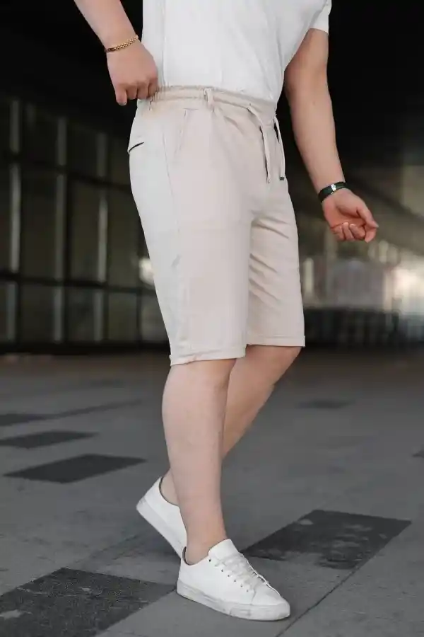Erkek Diagonel Kumaş Duble Paça Cepli Bağcıklı Bel Lastikli ŞORT - Krem