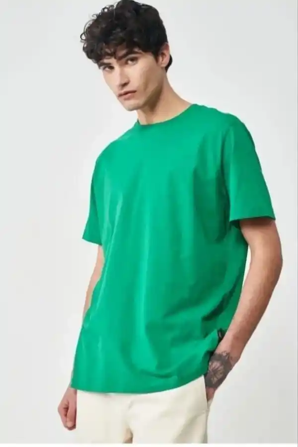 Erkek Düz Penye Tişört Bisiklet Yaka Kısa Kol Regular Fit T-Shirt - Yeşil