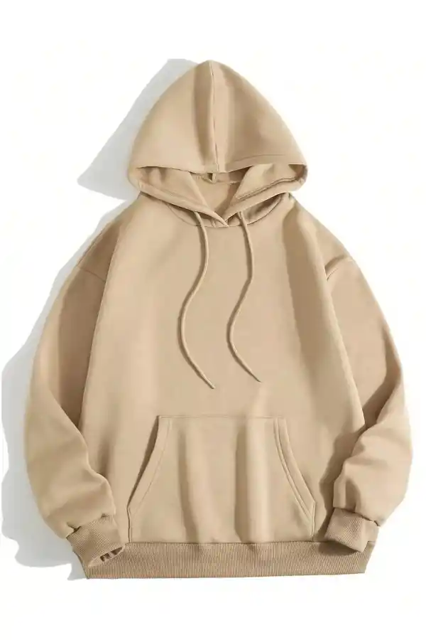 Erkek 3 İplik Pamuklu Kapüşonlu Kanguru Cepli Sweatshirt Hoodie -  Bej
