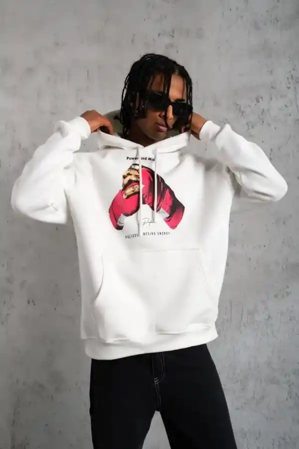 Erkek Kapüşonlu Cepli Boks Eldiven Baskılı 3 İplik Sweatshirt Hoodie - Beyaz