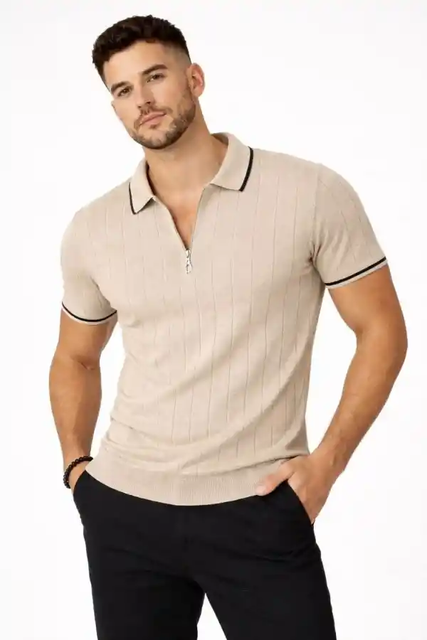 Erkek Yazlık Dokuma Triko Tişört Fermuarlı Polo Yaka Kısa Kol T-Shirt - Bej