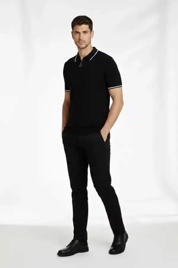 Erkek Yazlık Dokuma Triko Tişört Fermuarlı Polo Yaka Kısa Kol T-Shirt - Siyah