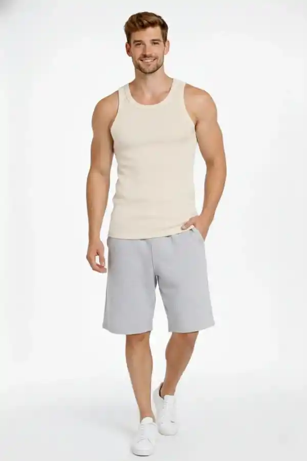 Erkek Fitilli Atlet Sıfır Yaka Slim Fit Arka Baskılı Spor Atlet - Krem
