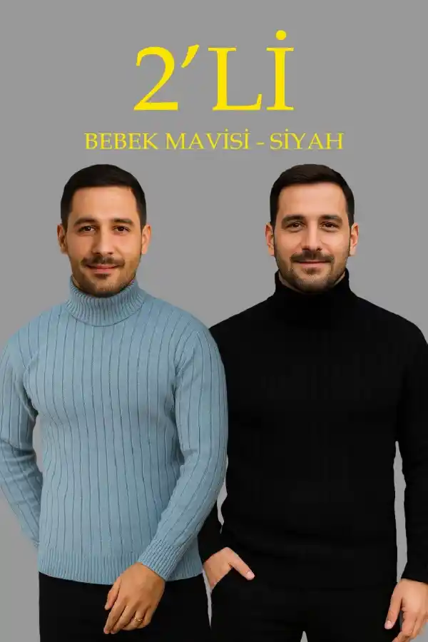 Erkek Fitilli Kazak Tam Boğazlı Balıkçı Yaka Triko 2li Set Bebek Mavisi-Siyah