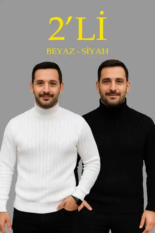 Erkek Fitilli Kazak Tam Boğazlı Balıkçı Yaka Triko 2li Set Beyaz-Siyah