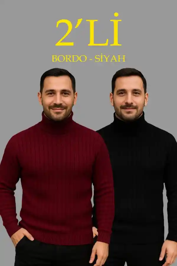 Erkek Fitilli Kazak Tam Boğazlı Balıkçı Yaka Triko 2li Set Bordo-Siyah