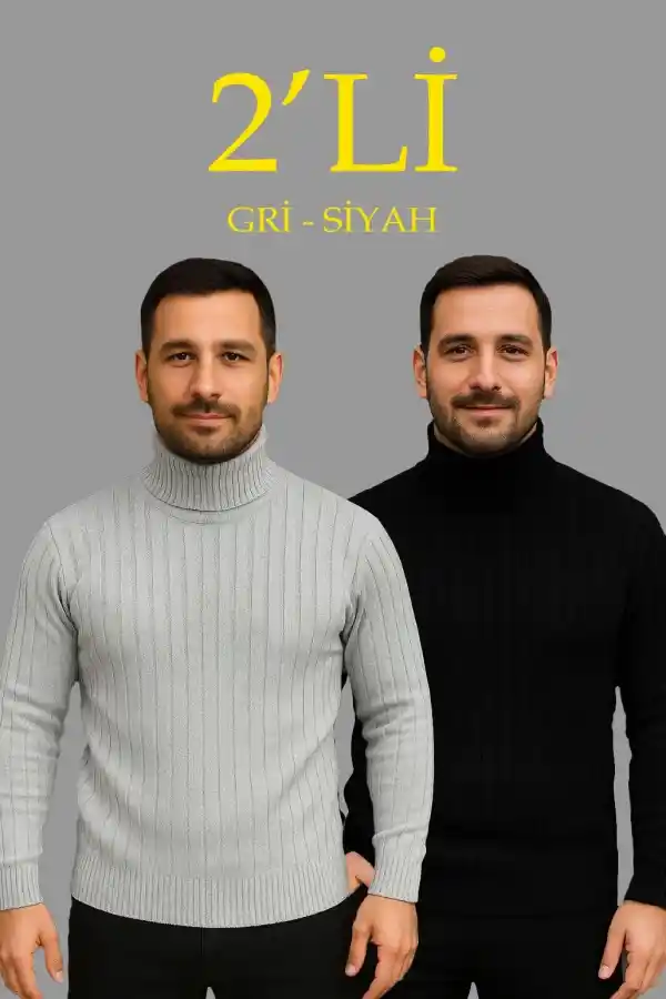 Erkek Fitilli Kazak Tam Boğazlı Balıkçı Yaka Triko 2li Set Gri-Siyah
