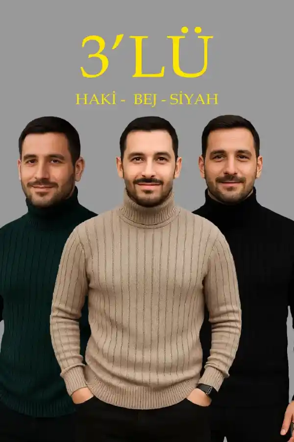 Erkek Fitilli Kazak Tam Boğazlı Balıkçı Yaka Triko 3lü Set  Bej-Haki-Siyah