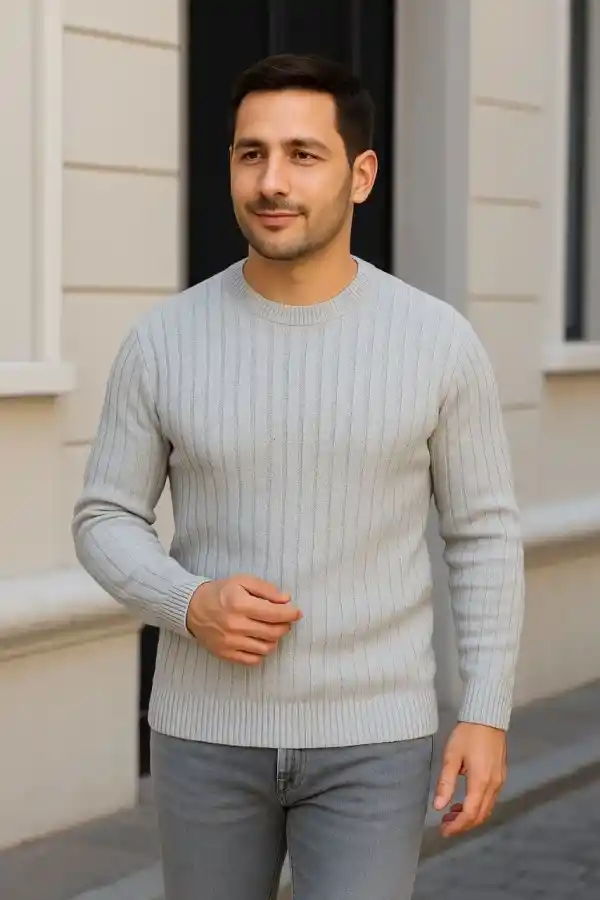 Erkek Fitilli Triko Bisiklet Yaka Kalın Kazak 3lü Set Beyaz-Gri-Siyah