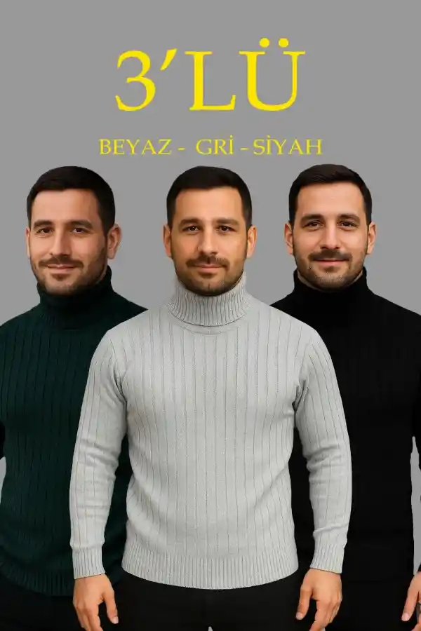 Erkek Fitilli Kazak Tam Boğazlı Balıkçı Yaka Triko 3lü Set  Gri-Haki-Siyah