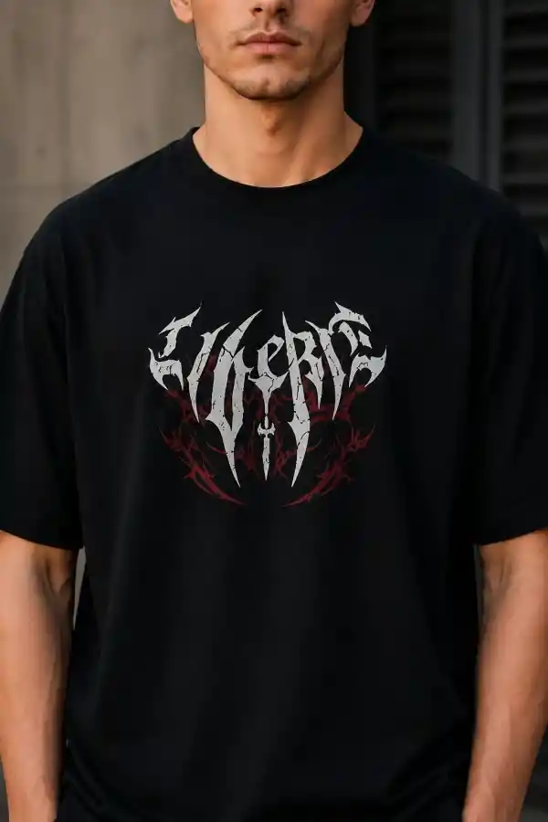 Erkek Gotik Yazı Baskılı Oversize Bisiklet Yaka T-Shirt - Siyah