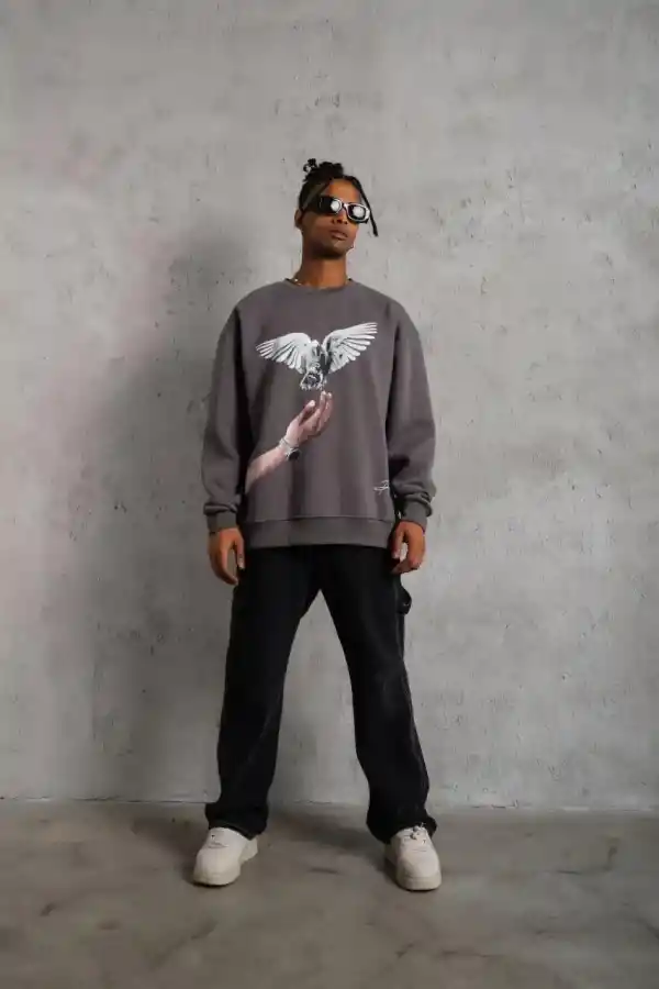 Erkek Güvercin Baskılı 3 iplik pamuklu Bisiklet Yaka Sweatshirt - Gri