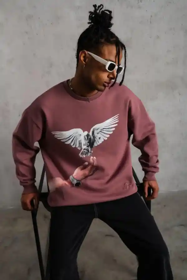 Erkek Güvercin Baskılı Bisiklet Yaka Sweatshirt 3 iplik pamuklu - Gül Kurusu