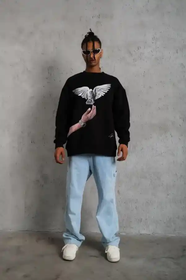 Erkek Güvercin Baskılı 3 iplik Bisiklet Yaka ipamuklu Sweatshirt - Siyah