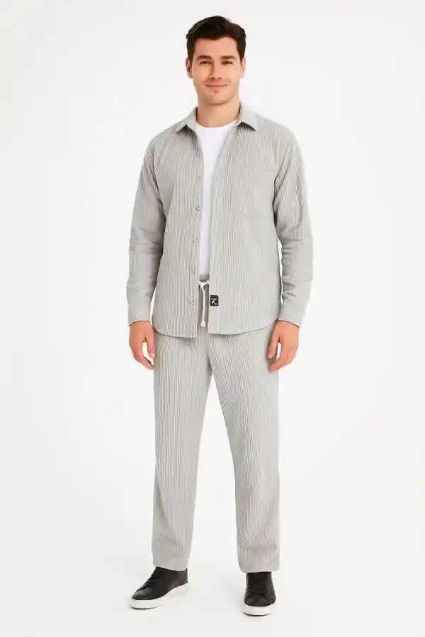 Erkek Kadife Oversize Takım Gömlek Pantolon İkili Set - Gri