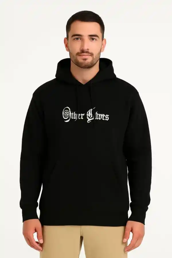 Erkek Kapüşonlu Kanguru Cepli Sweatshirt 3 İplik Pamuklu Baskılı Hoodie - Siyah