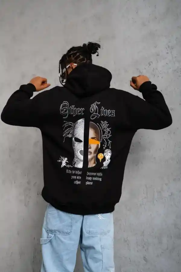 Erkek Kapüşonlu Kanguru Cepli Sweatshirt 3 İplik Pamuklu Baskılı Hoodie - Siyah