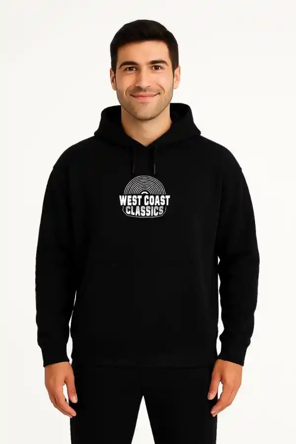 Erkek Kapüşonlu Kanguru Cepli Sweatshirt 3 İplik Pamuklu Baskılı Hoodie -  Siyah
