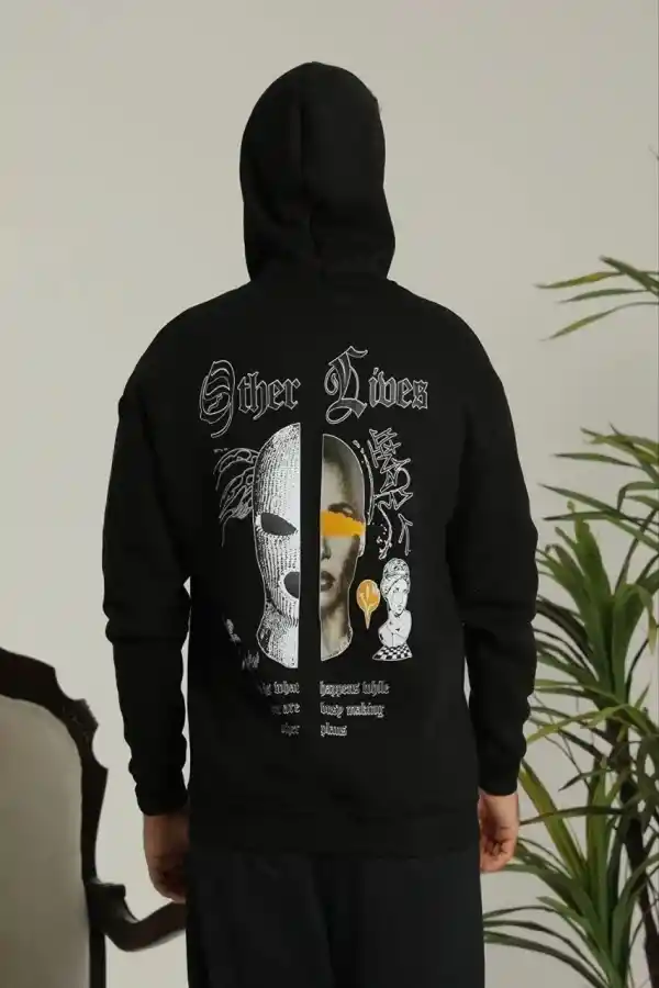 Erkek 3 İplik Pamuklu Kapüşonlu Baskılı Cepli Oversize Sweatshirt Hoodie - Siyah