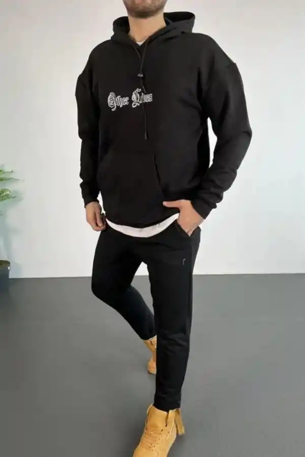 Erkek 3 İplik Pamuklu Kapüşonlu Baskılı Cepli Oversize Sweatshirt Hoodie - Siyah
