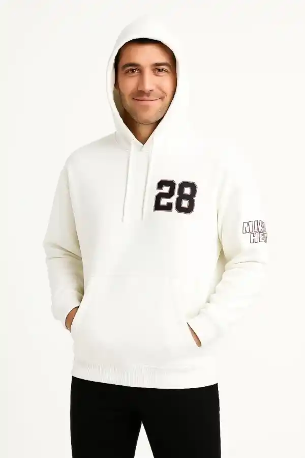 Erkek Kapüşonlu Kanguru Cepli Sweatshirt 3 İplik Pamuklu Baskılı Hoodie - Beyaz