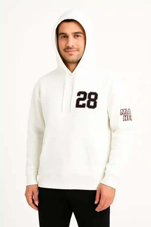 Erkek Kapüşonlu Kanguru Cepli Sweatshirt 3 İplik Pamuklu Baskılı Hoodie - Beyaz
