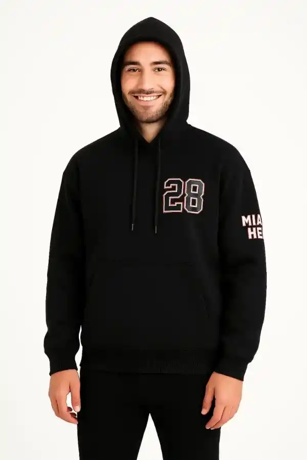 Erkek Kapüşonlu Kanguru Cepli Sweatshirt 3 İplik Pamuklu Baskılı Hoodie - Siyah