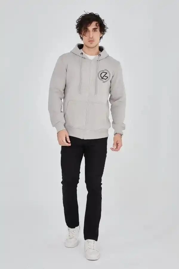Erkek 3 İplik Pamuklu Fermuarlı Kapüşonlu Kanguru Cepli Baskılı Hoodie Hırka Sweatshirt - Boyalı Gri