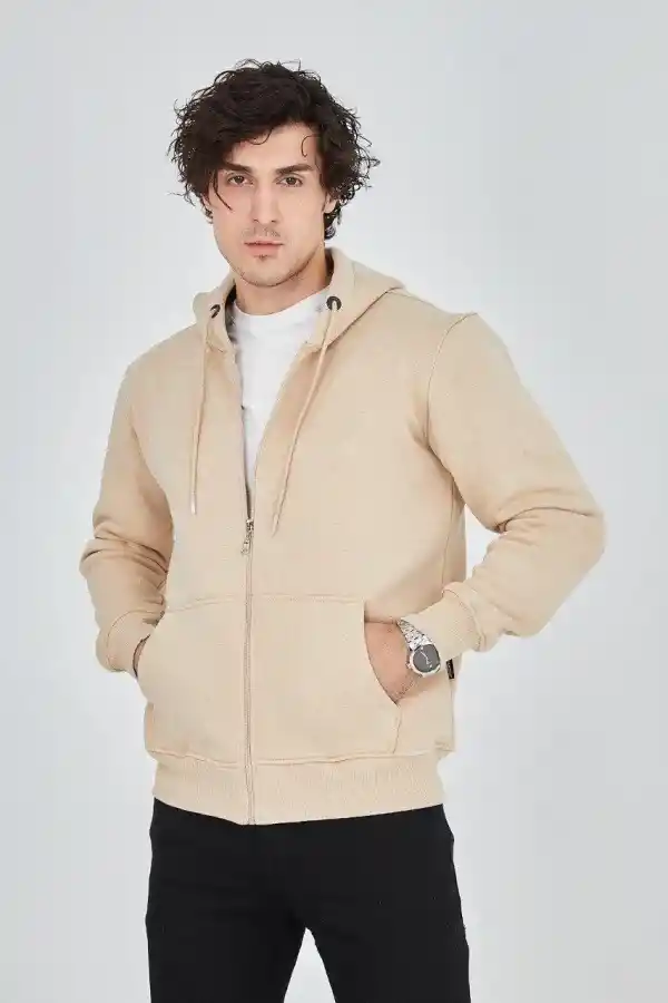 Erkek 3 İplik Pamuklu Fermuarlı Kapüşonlu Kanguru Cepli Hoodie Hırka Sweatshirt -Bej