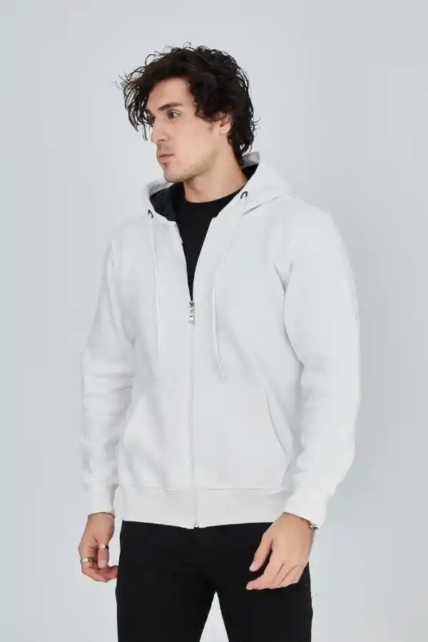 Erkek 3 İplik Pamuklu Fermuarlı Kapüşonlu Kanguru Cepli Hoodie Hırka Sweatshirt - Beyaz