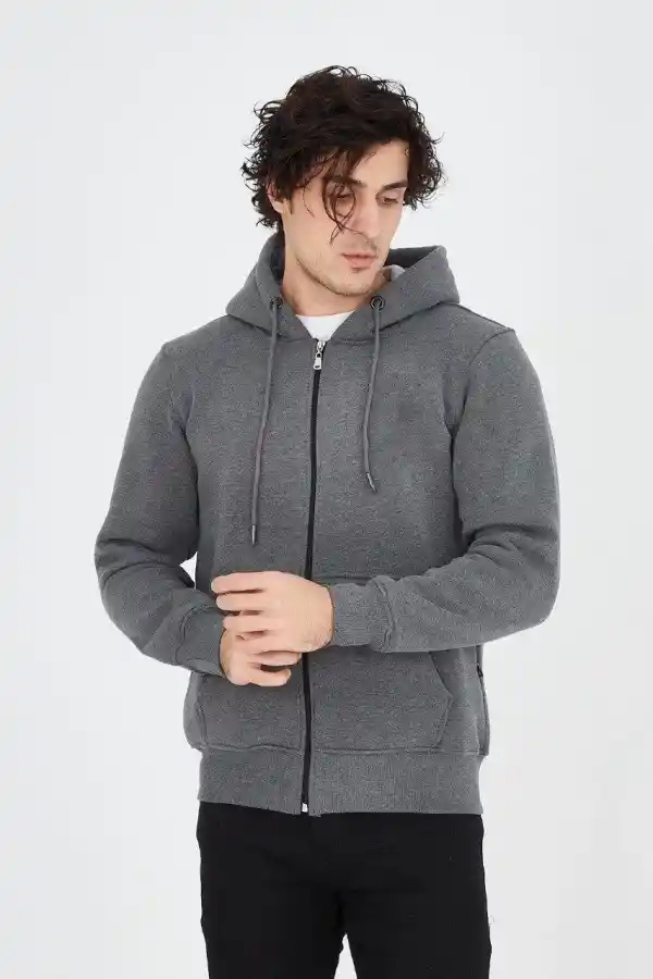 Erkek 3 İplik Pamuklu Fermuarlı Kapüşonlu Kanguru Cepli Hoodie Hırka Sweatshirt - Füme