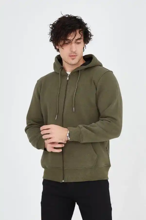 Erkek 3 İplik Pamuklu Fermuarlı Kapüşonlu Kanguru Cepli Hoodie Hırka Sweatshirt - Yeşil