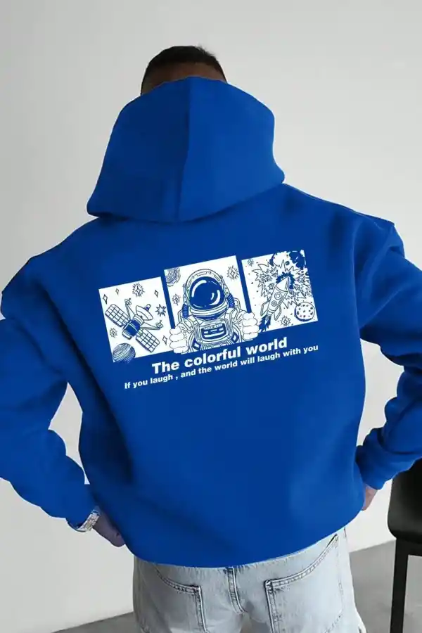 Erkek Baskılı Kapüşonlu Cepli Hoodie 3 İplik Pamuklu Sweatshirt - Saks Mavisi