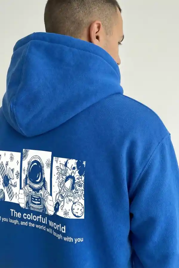 Erkek Baskılı Kapüşonlu Cepli Hoodie 3 İplik Pamuklu Sweatshirt - Saks Mavisi