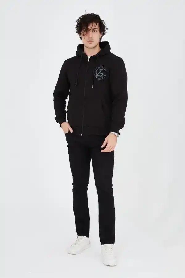 Erkek 3 İplik Pamuklu Fermuarlı Kapüşonlu Kanguru Cepli Baskılı Hoodie Hırka Sweatshirt - Siyah