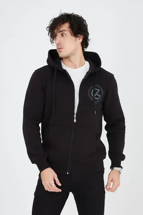 Erkek 3 İplik Pamuklu Fermuarlı Kapüşonlu Kanguru Cepli Baskılı Hoodie Hırka Sweatshirt - Siyah