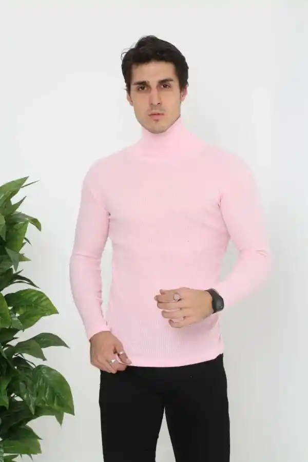 Erkek Fitilli Kaşkorse Kumaş Boğazlı Full Likralı Slimfit Body - Toz Pembe