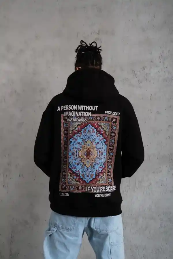 Erkek 3 İplik Pamuklu Kapüşonlu Baskılı Cepli Oversize Sweatshirt Hoodie - Siyah