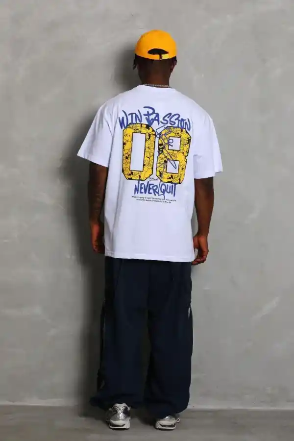 Erkek Baskılı Tişört Kısa Kol Bisiklet Yaka Oversize T-Shirt - Beyaz