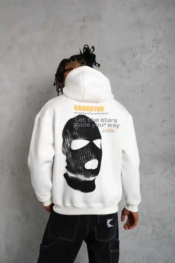 Erkek Maske Baskılı 3 iplik pamuklu Kapüşonlu Sweatshirt hoodie - Beyaz