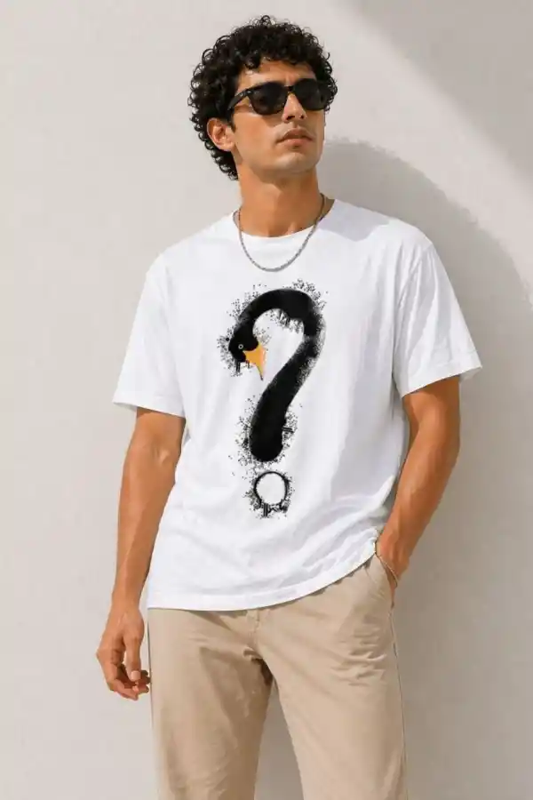 Erkek Kuğu Figürlü Soru İşareti Baskılı Tişört Kısa Kol T-Shirt - Beyaz